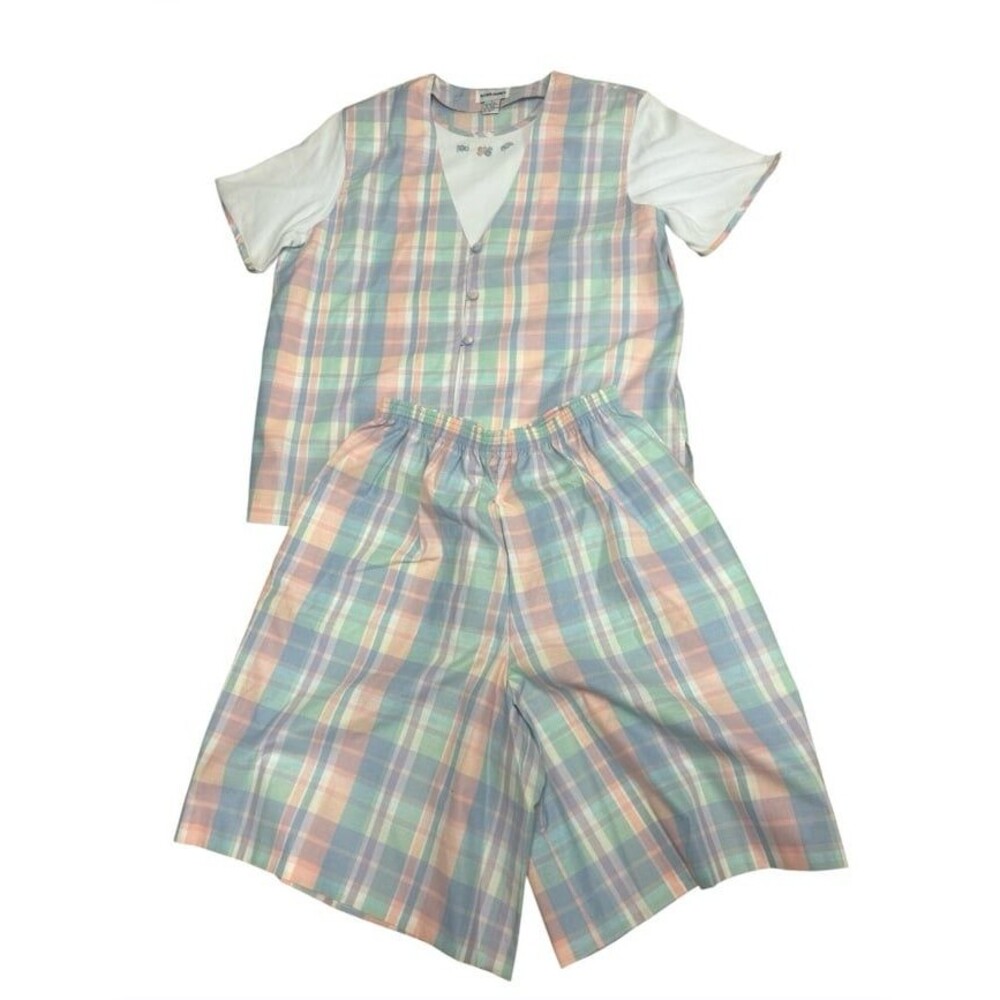 VTG Alfred Dunner Pastel Rainbow Plaid Vest w/attached Tee Shorts Set Size Large